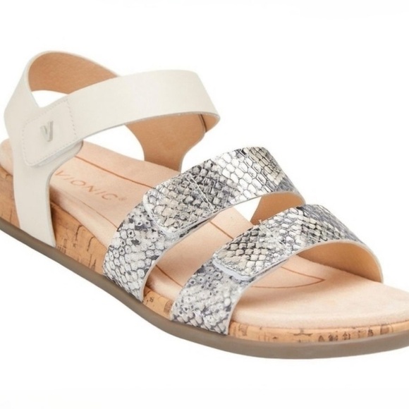 Vionic Colleen Boa Metallic Cream Leather Cork Adjustable Strap Sandals LIKE NEW - Picture 1 of 6